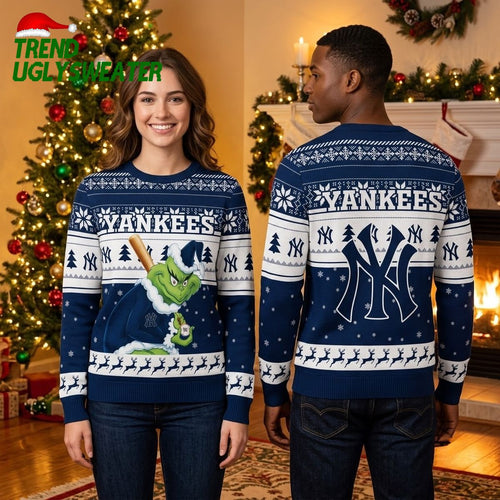New York Yankees Grinch Baseball Player Navy Blue Ugly Christmas Sweater