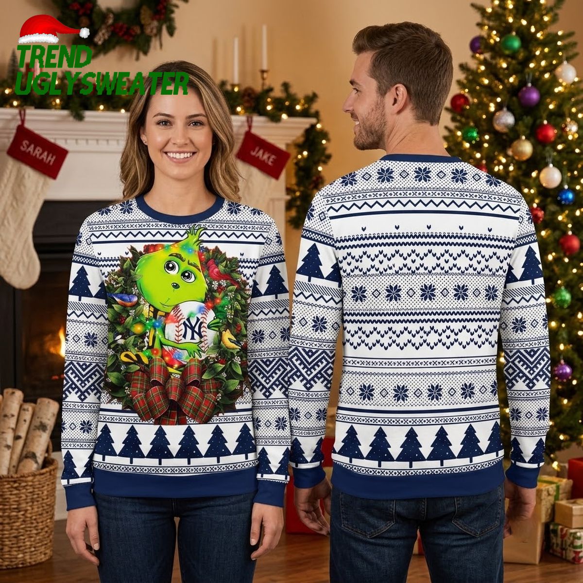 New York Yankees Grinch Hugging Baseball White Ugly Christmas Sweater