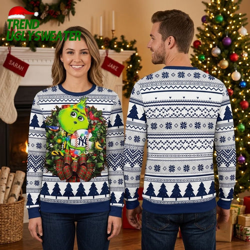 New York Yankees Grinch Hugging Baseball White Ugly Christmas Sweater
