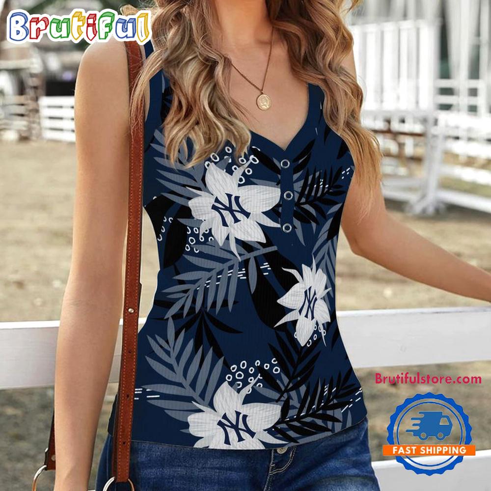 New York Yankees Hibiscus Pattern Women’s V-Neck Ribbed Tank Top