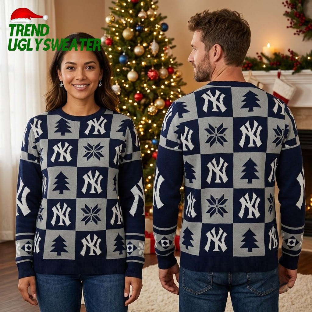 New York Yankees Logo Snowflake And Christmas Tree Patchwork Navy And Gray Ugly Christmas Sweater