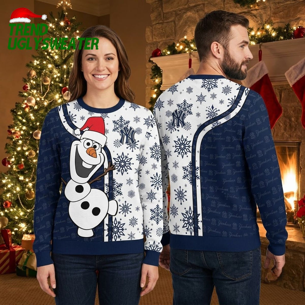 New York Yankees Olaf Snowmen Santa Hats Snowflake Ugly Christmas Sweater
