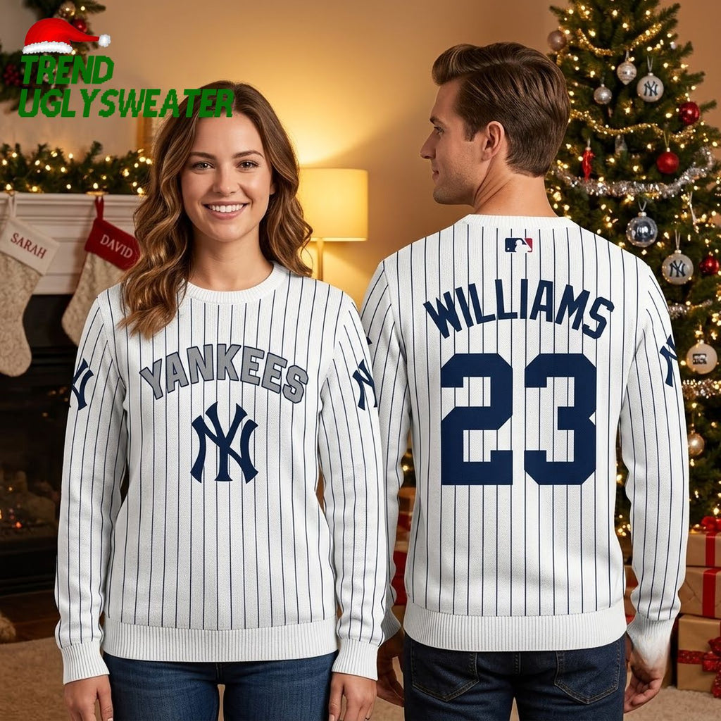 New York Yankees Personalized Pinstripe Custom Name And Number Ugly Christmas Sweater