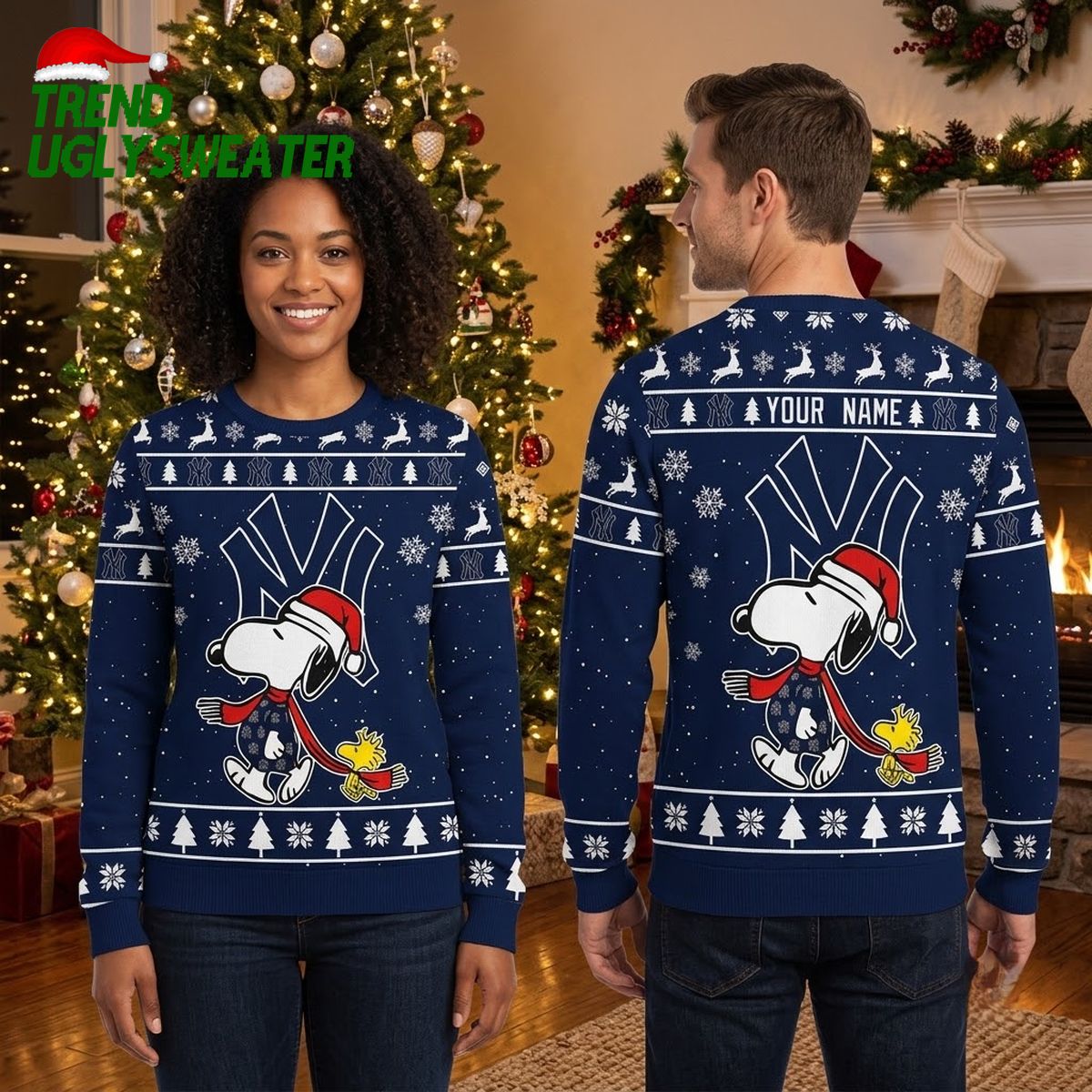 New York Yankees Snoopy And Woodstock Custom Name Navy Blue Ugly Christmas Sweater