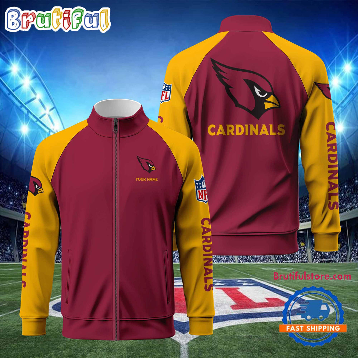 NFL Arizona Cardinals Football Team Custom Name Standing Neck Zipper Jacket