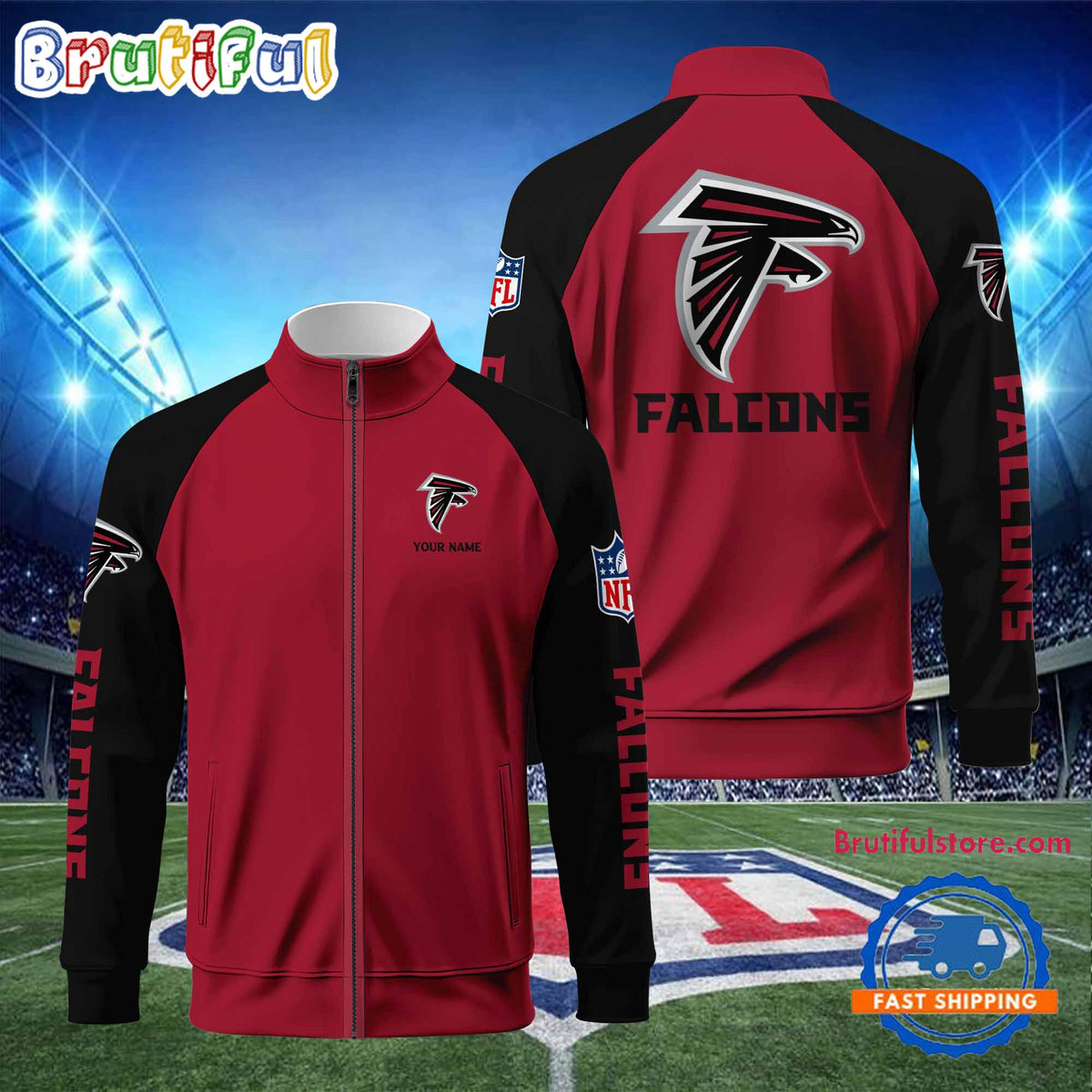 NFL Atlanta Falcons Football Team Custom Name Standing Neck Zipper Jacket