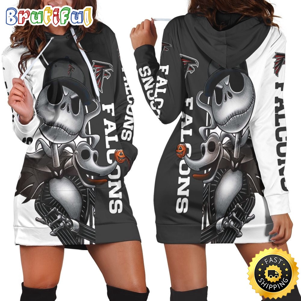 NFL Atlanta Falcons Hoodie Dress Jack Skellington And Zero All Over Print Hoodie Women