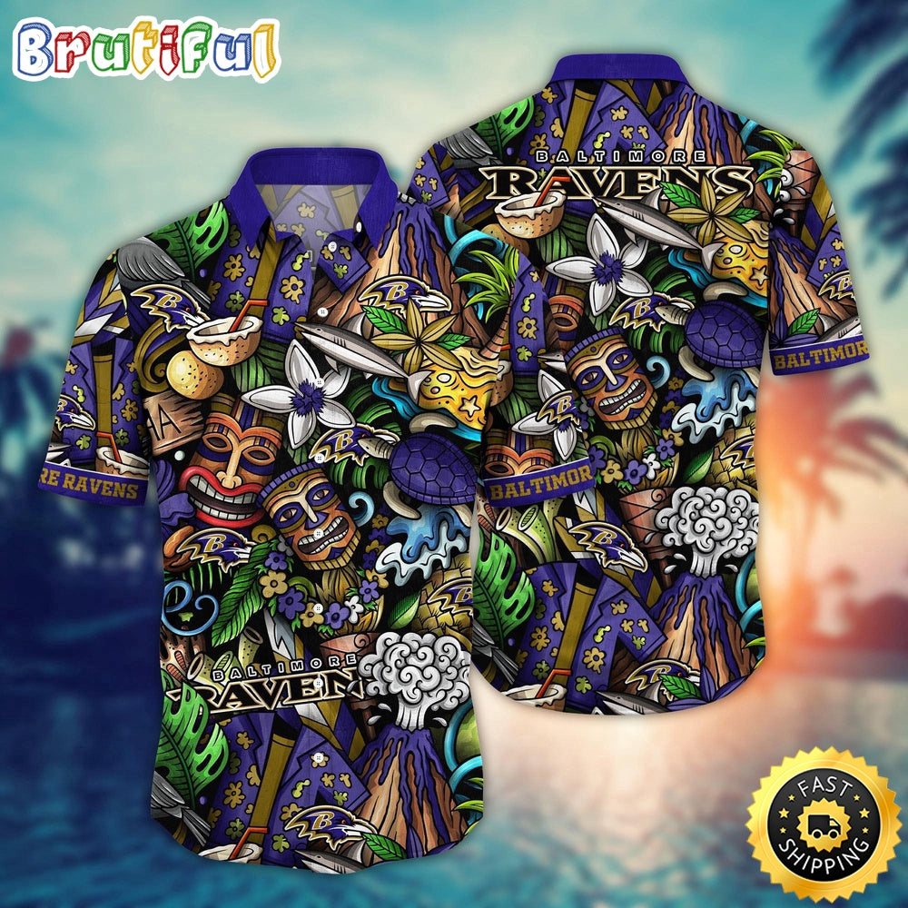NFL Baltimore Ravens Hawaii Shirt Flower Tiki Me Off Aloha Shirt