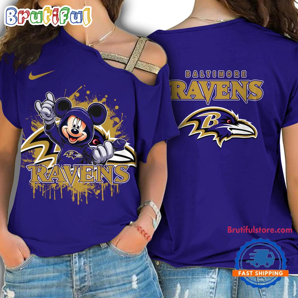 NFL Baltimore Ravens Mickey Mouse Women’s Cross Strap Shoulder Shirt, Football One Shoulder Shirt