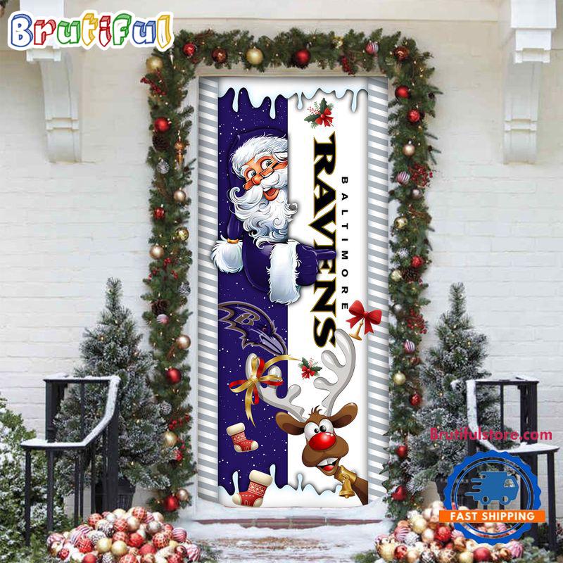NFL Baltimore Ravens Santa Reindeer Merry Christmas Door Cover, Football Christmas Home Decor