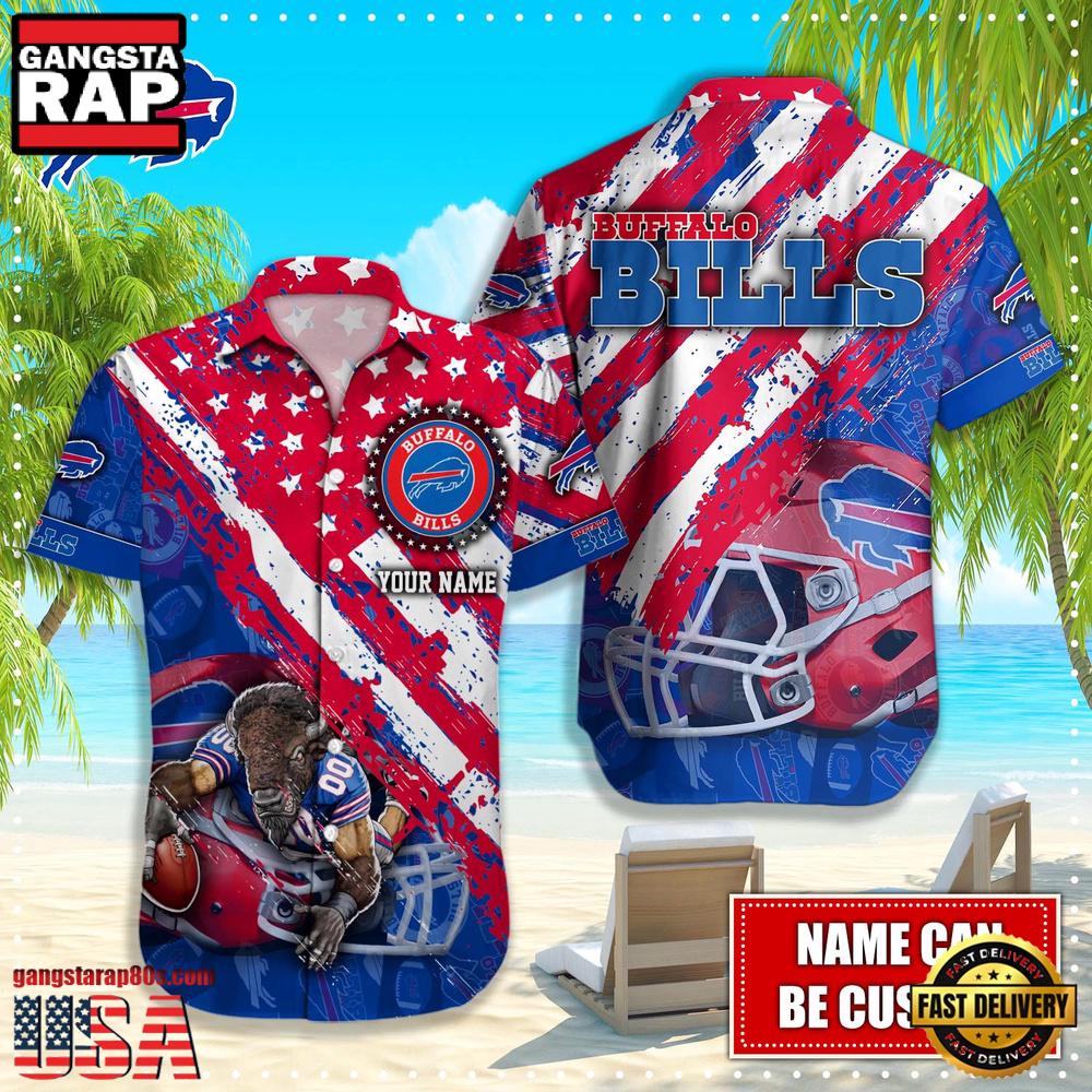NFL Buffalo Bills Football American Flag Mascot Custom Name Aloha Hawaiian Shirt