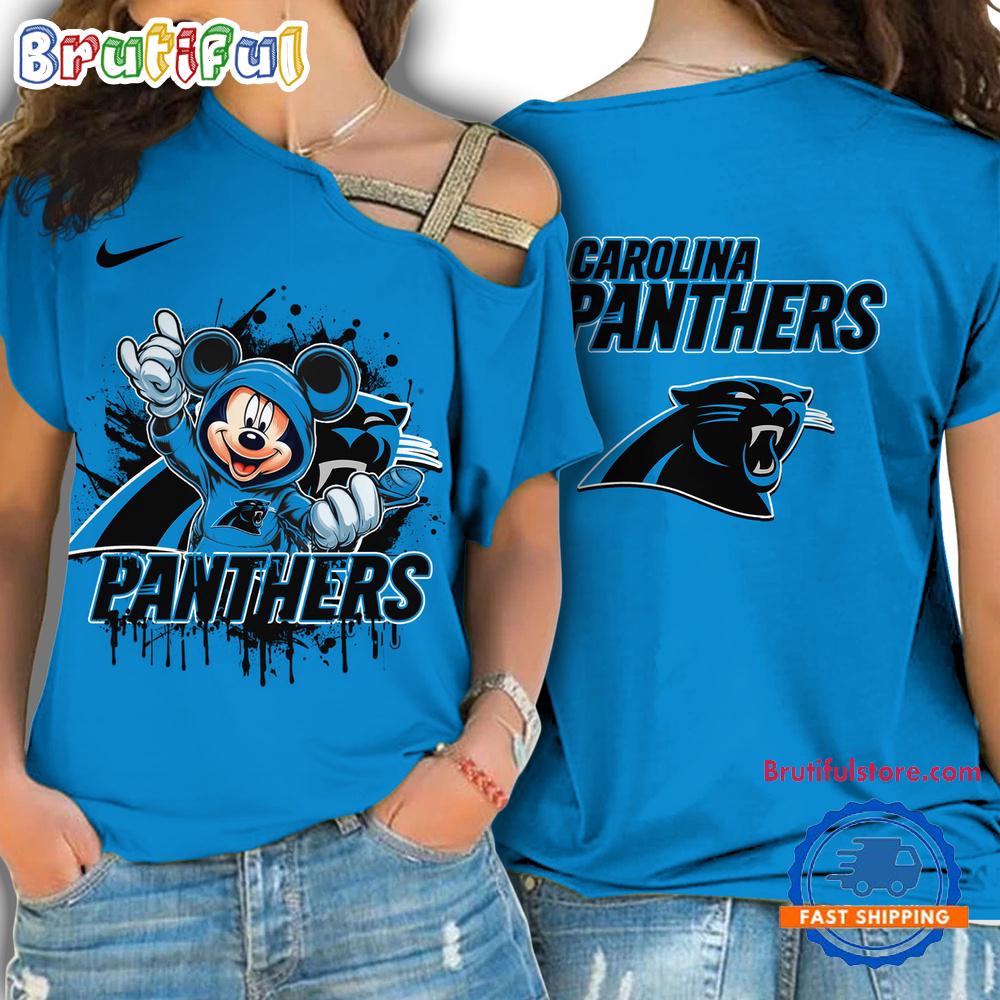NFL Carolina Panthers Mickey Mouse Women’s Cross Strap Shoulder Shirt, Football One Shoulder Shirt