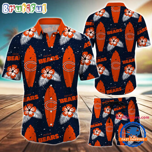 NFL Chicago Bears Flower Pattern Hawaiian Shirt And Shorts, Football Summer Hawaiian Set