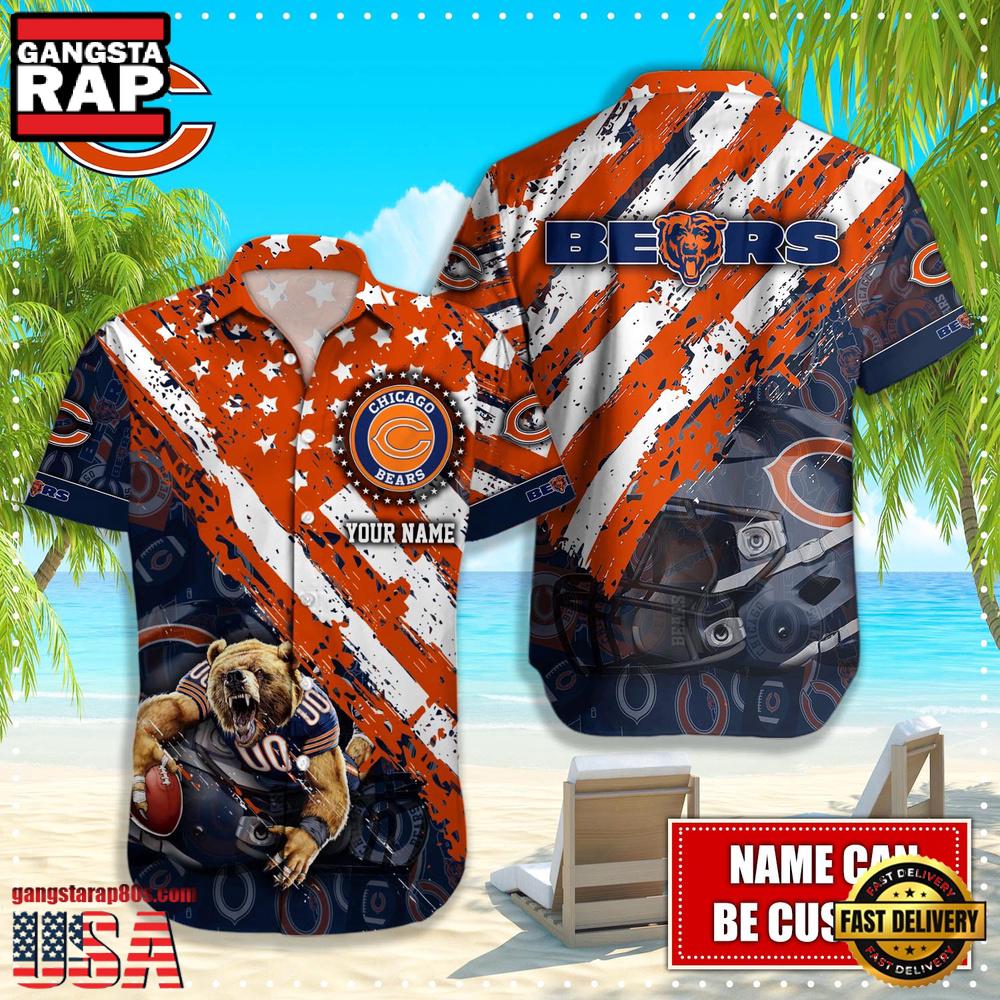 NFL Chicago Bears Football American Flag Mascot Custom Name Aloha Hawaiian Shirt