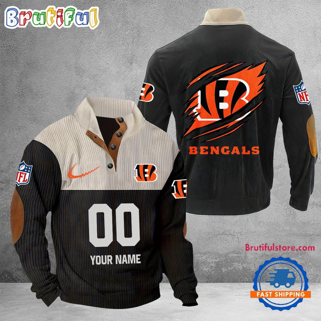 NFL Cincinnati Bengals Football Team Custom Name And Number Buttoned Collar Sweatshirt