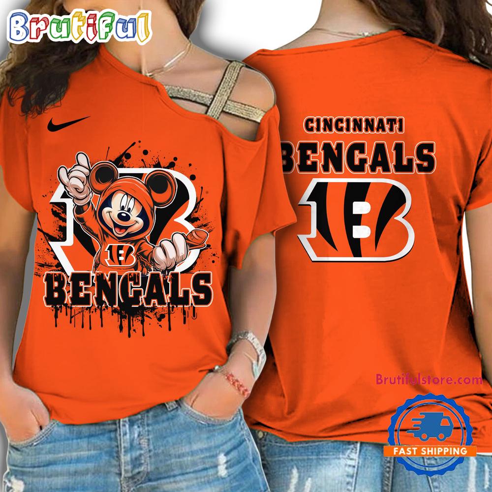 NFL Cincinnati Bengals Mickey Mouse Women’s Cross Strap Shoulder Shirt, Football One Shoulder Shirt