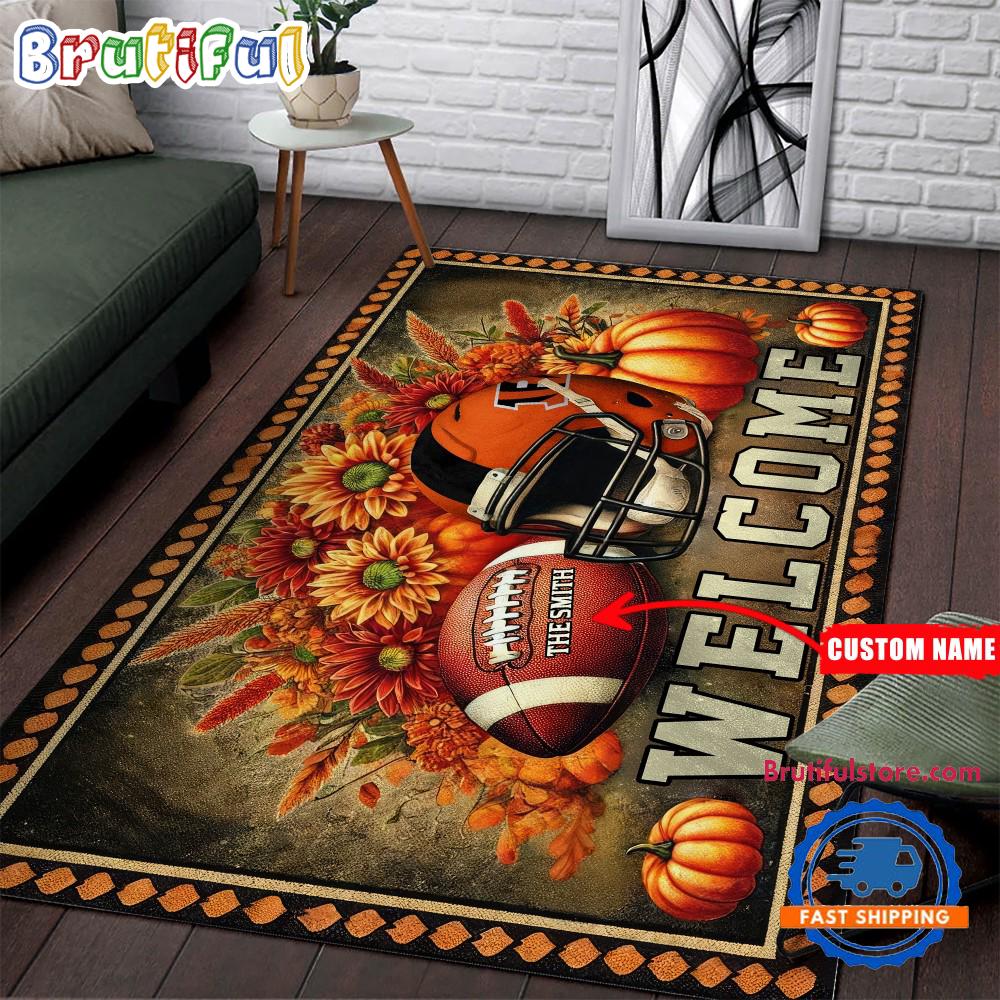 NFL Cincinnati Bengals Pumpkin Flower Football Halloween Rectangle Rug