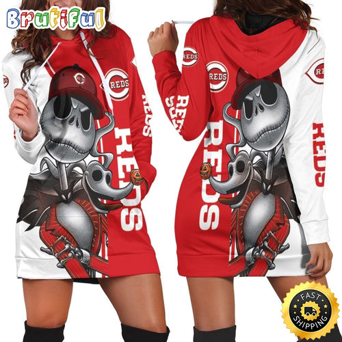 NFL Cincinnati Reds Hoodie Dress Jack Skellington And Zero All Over Print Hoodie Women