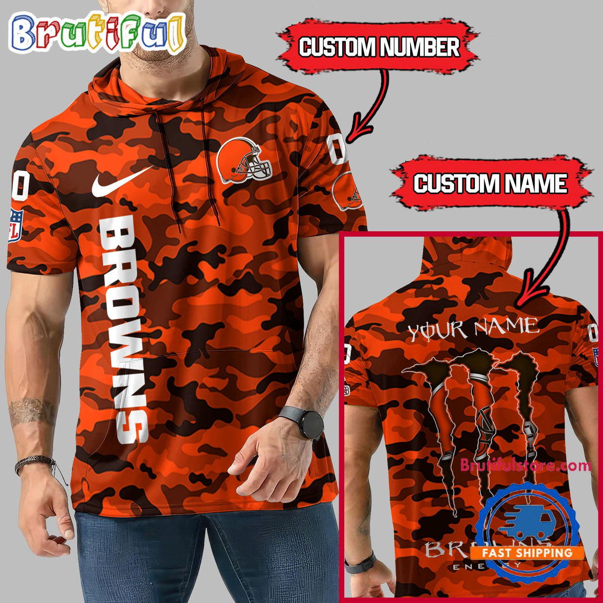 NFL Cleveland Browns Custom Name Camo Sleeveless Hoodie Design