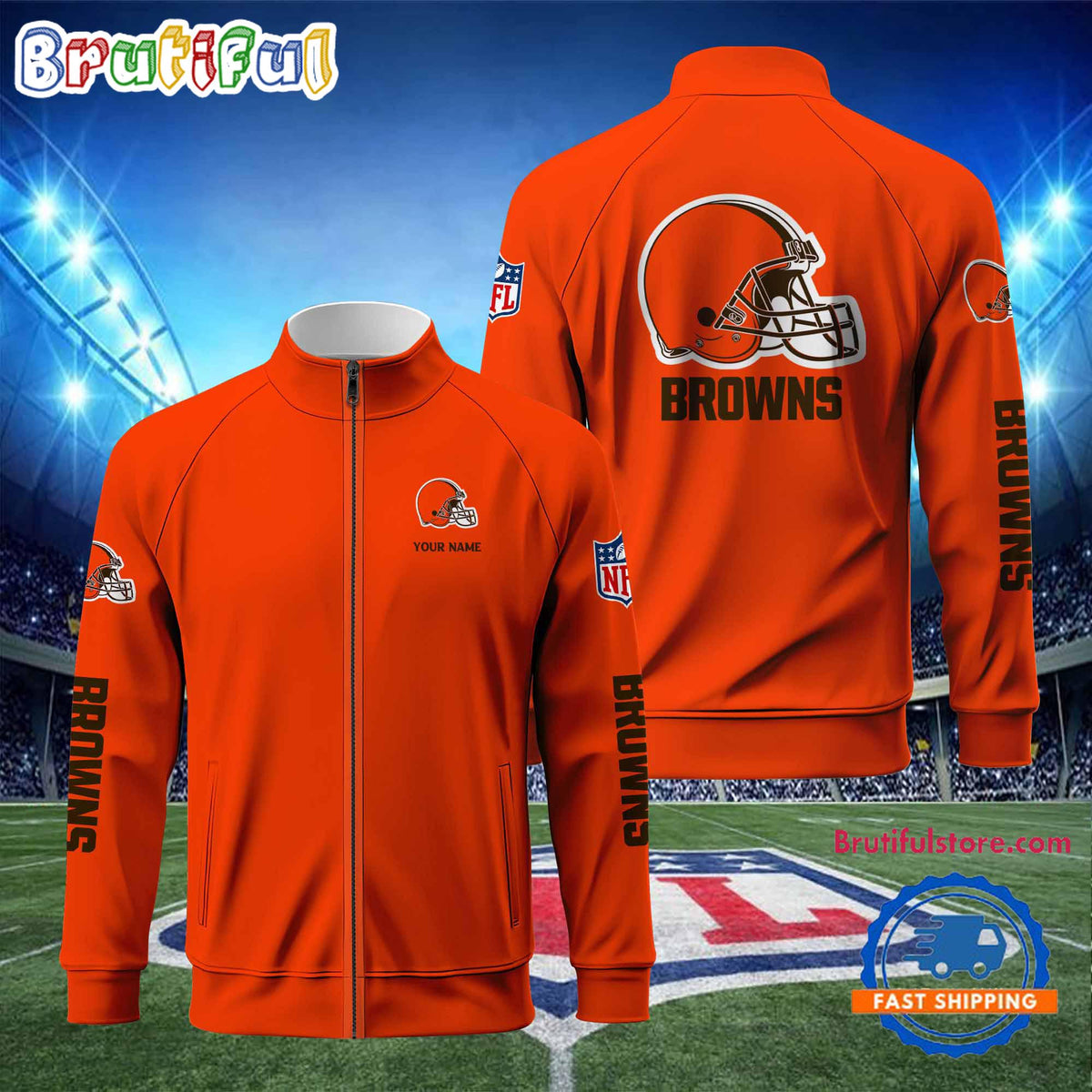 NFL Cleveland Browns Football Logo Team Standing Neck Zipper Jacket, Custom Football Zipper Jacket