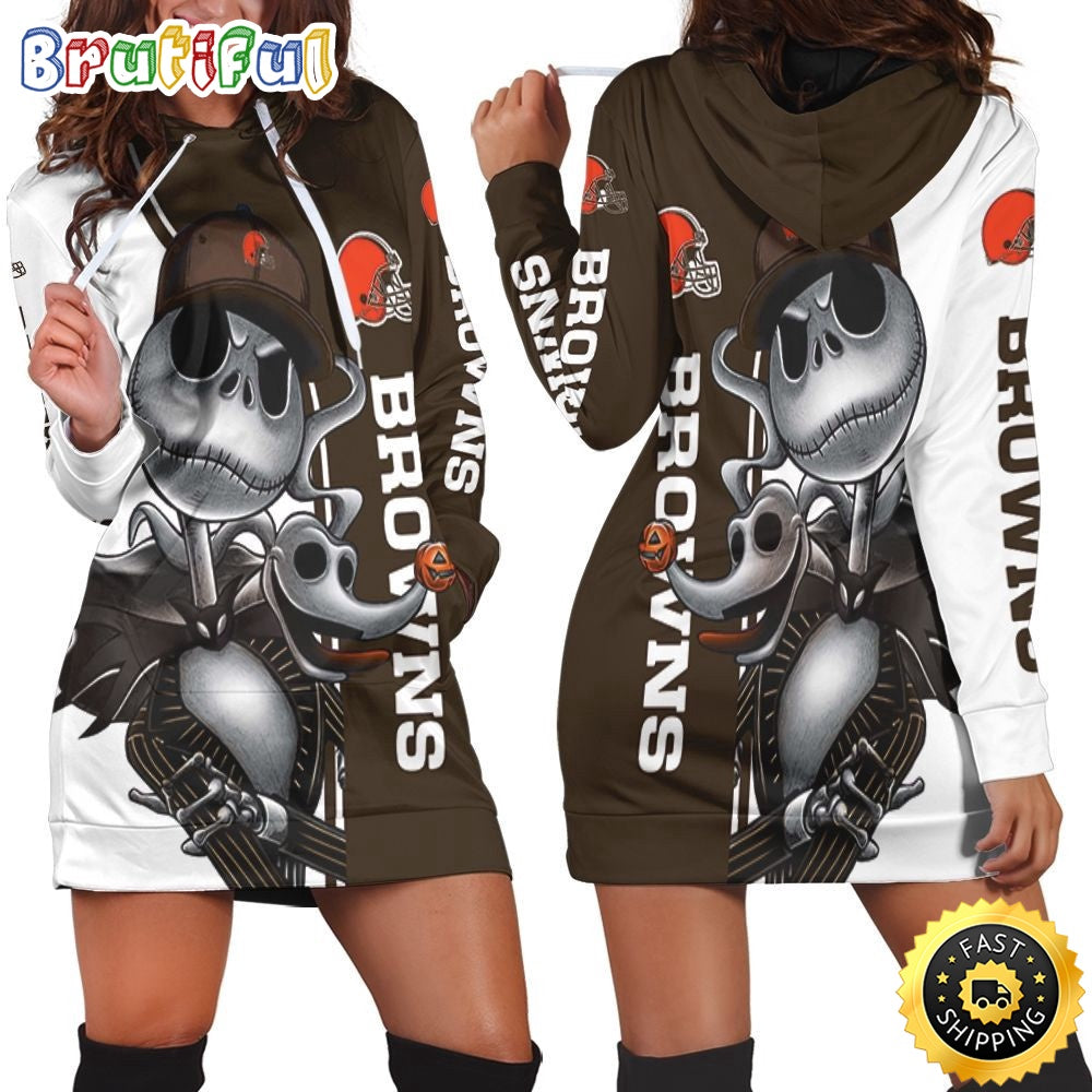 NFL Cleveland Browns Hoodie Dress Jack Skellington And Zero All Over Print Hoodie Women
