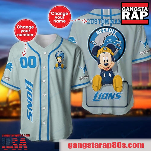 NFL Custom Name Number Disney Mickey Detroit Lions Baseball Jersey Shirt