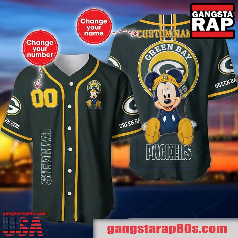 NFL Custom Name Number Disney Mickey Green Bay Packers Baseball Jersey Shirt
