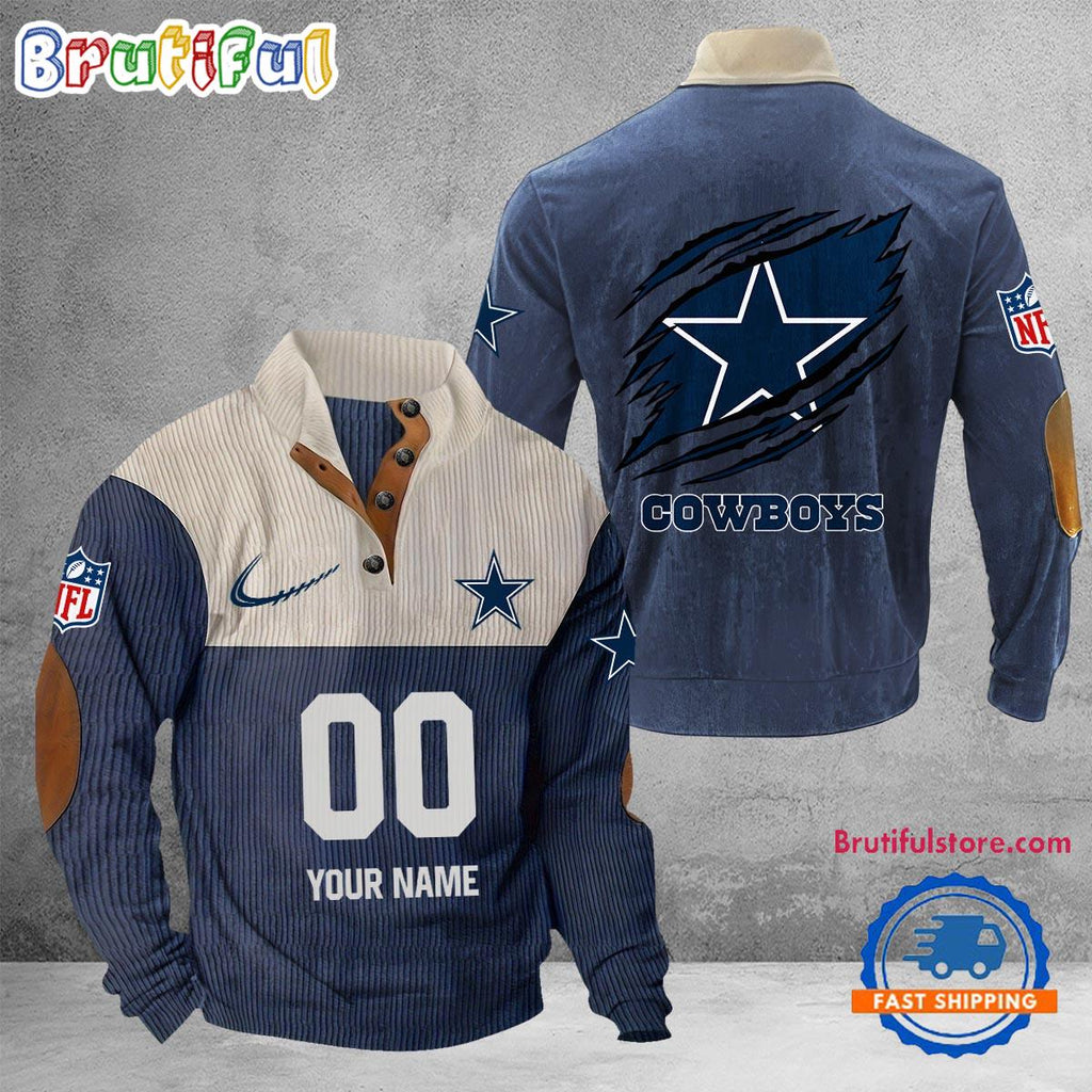 NFL Dallas Cowboys Football Team Custom Name And Number Buttoned Collar Sweatshirt