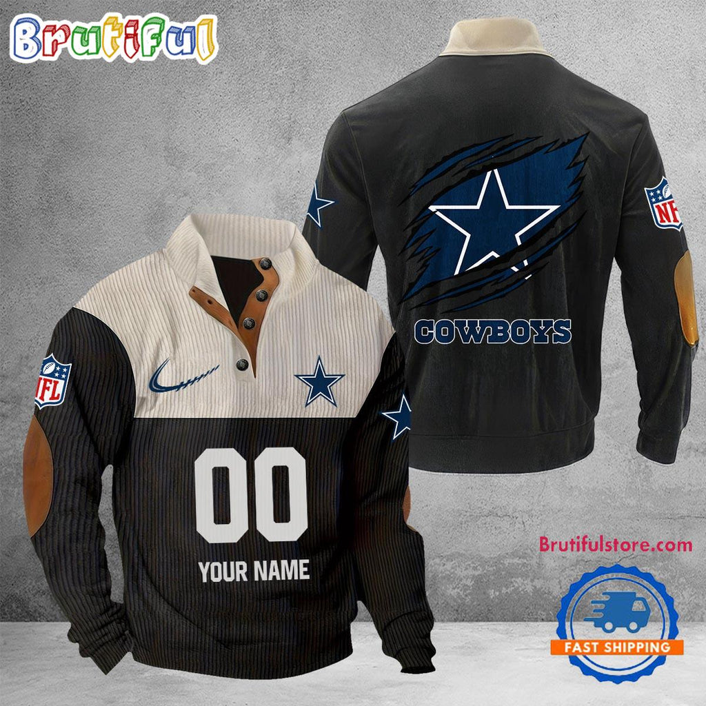NFL Dallas Cowboys Football Team Custom Name And Number Buttoned Collar Sweatshirt