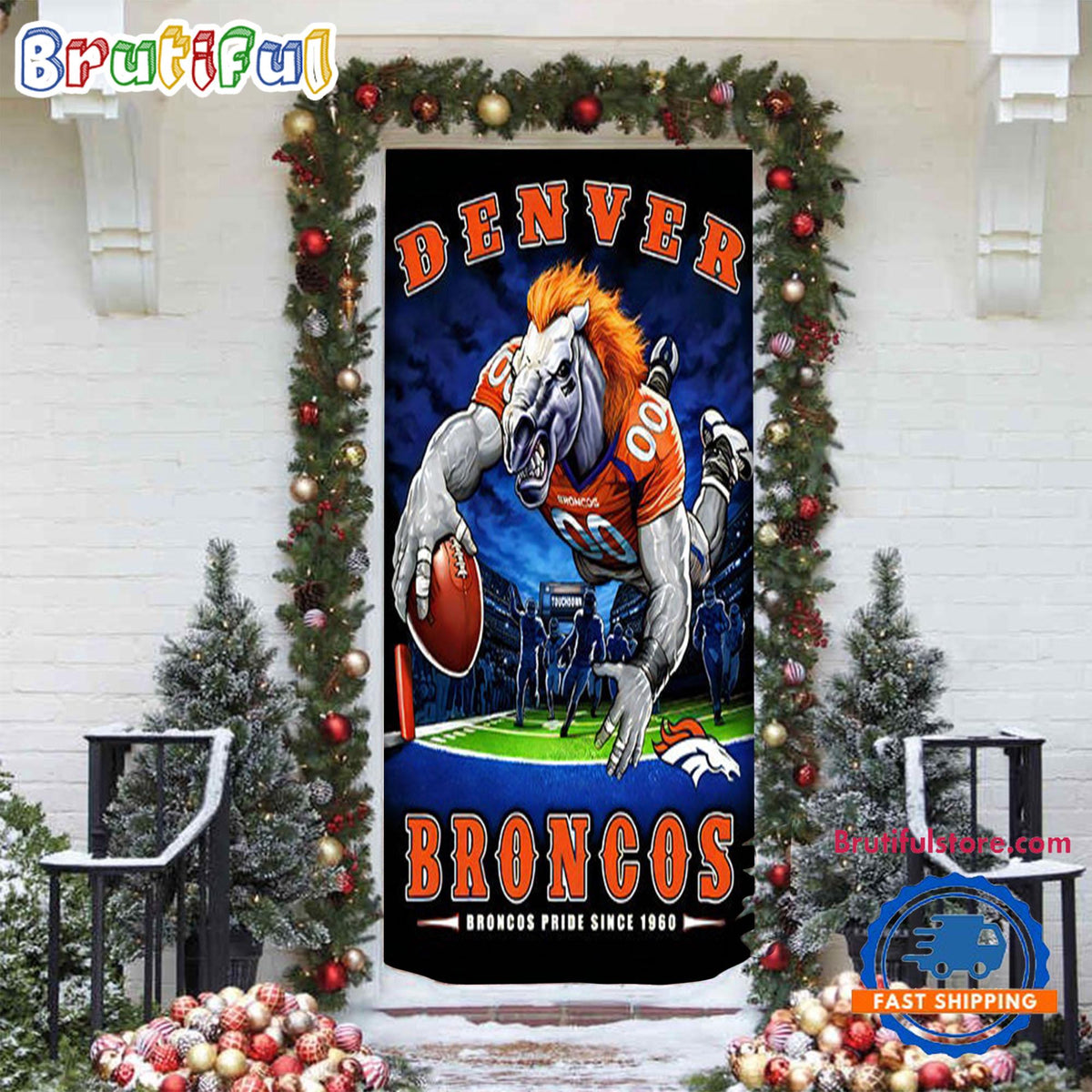 NFL Denver Broncos Mascot Football Christmas Door Cover, Football Xmas Door Cover