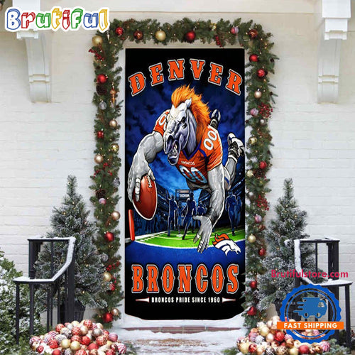 NFL Denver Broncos Mascot Football Christmas Door Cover, Football Xmas Door Cover