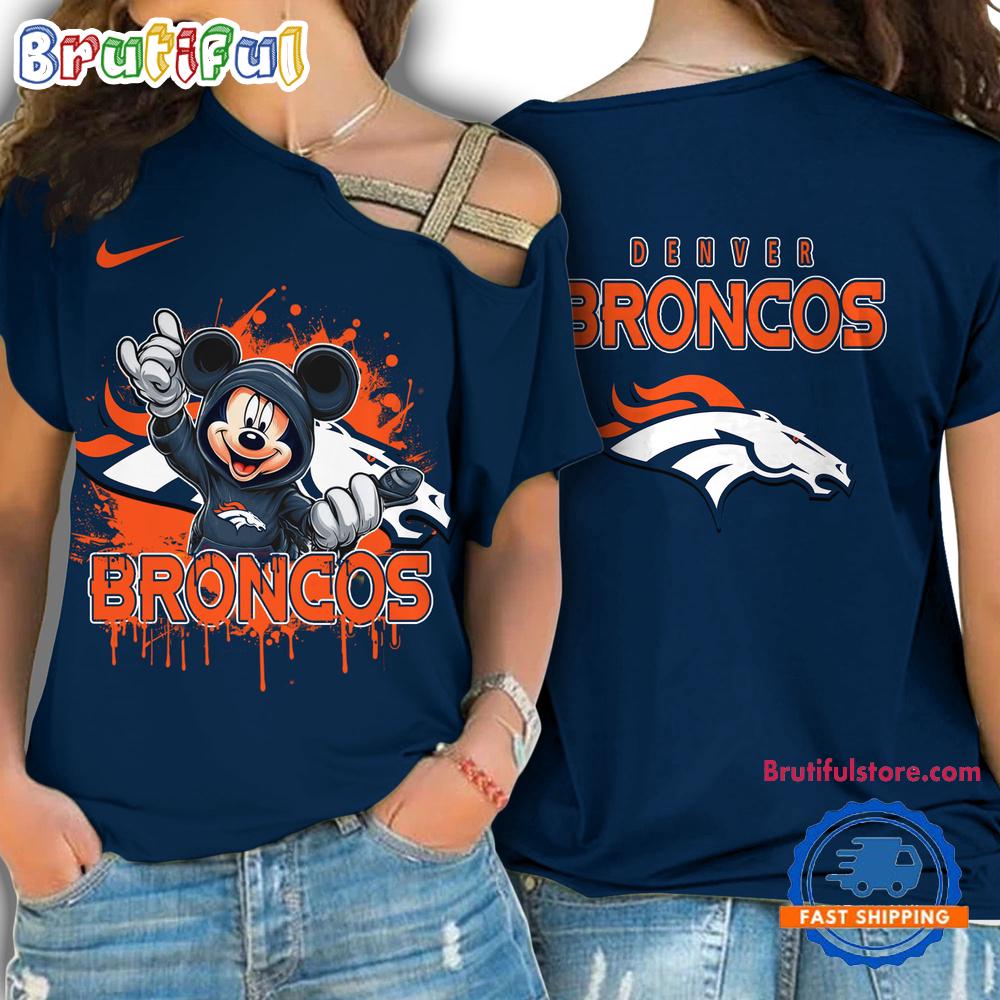 NFL Denver Broncos Mickey Mouse Women’s Cross Strap Shoulder Shirt, Football One Shoulder Shirt