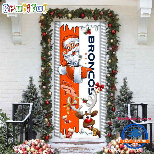 NFL Denver Broncos Santa Reindeer Merry Christmas Door Cover, Football Christmas Home Decor