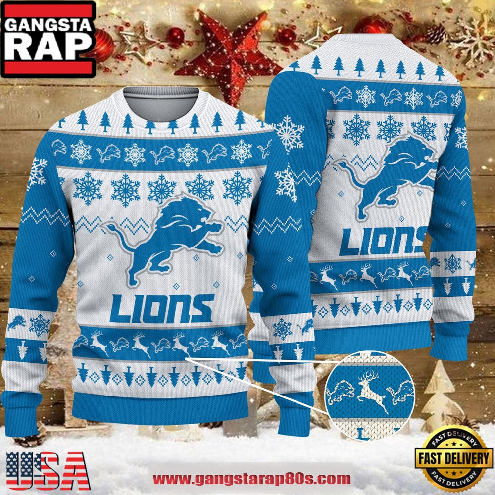 NFL Detroit Lions 2025 Snowflake Reindeer New Design Ugly Xmas Sweater
