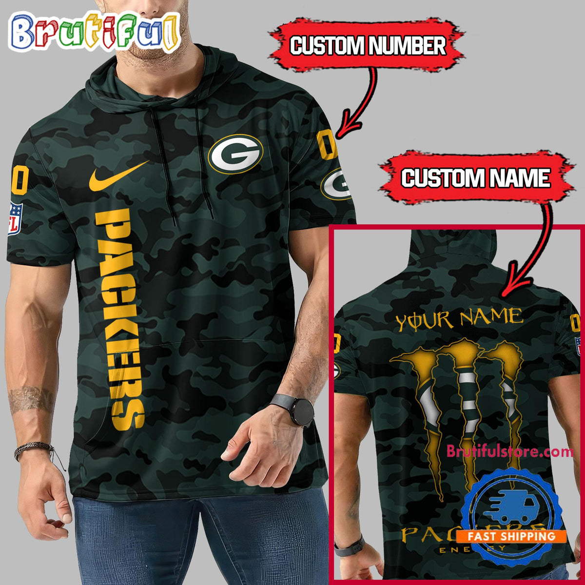 NFL Green Bay Packers Custom Name Camo Sleeveless Hoodie Design