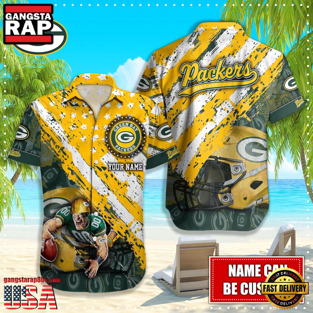 NFL Green Bay Packers Football American Flag Mascot Custom Name Aloha Hawaiian Shirt