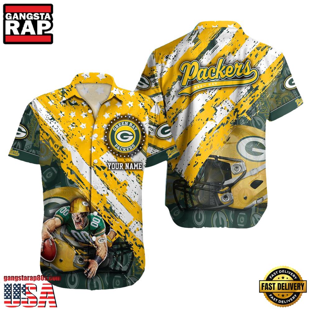 NFL Green Bay Packers Football American Flag Mascot Custom Name Aloha Hawaiian Shirt