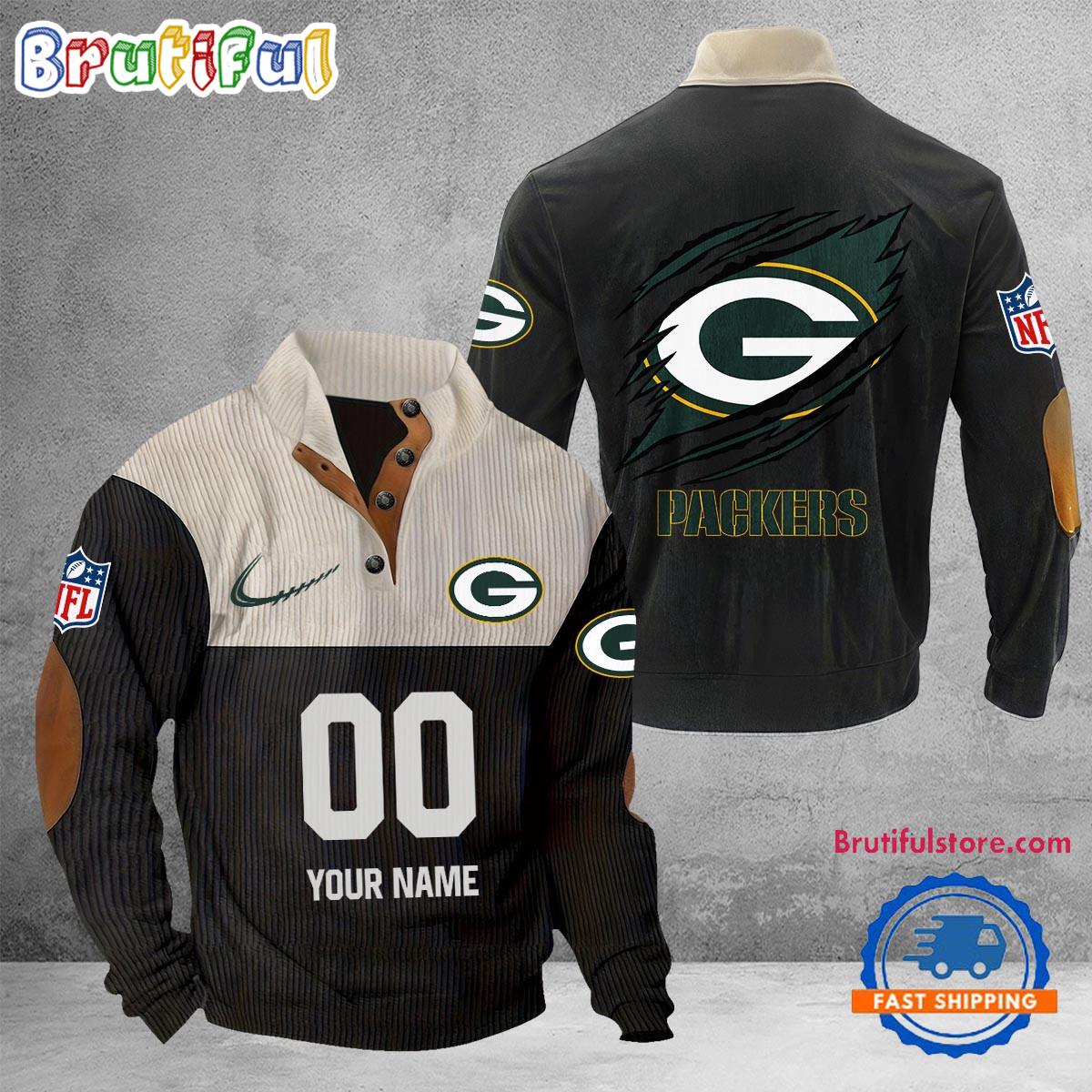 NFL Green Bay Packers Football Team Custom Name And Number Buttoned Collar Sweatshirt