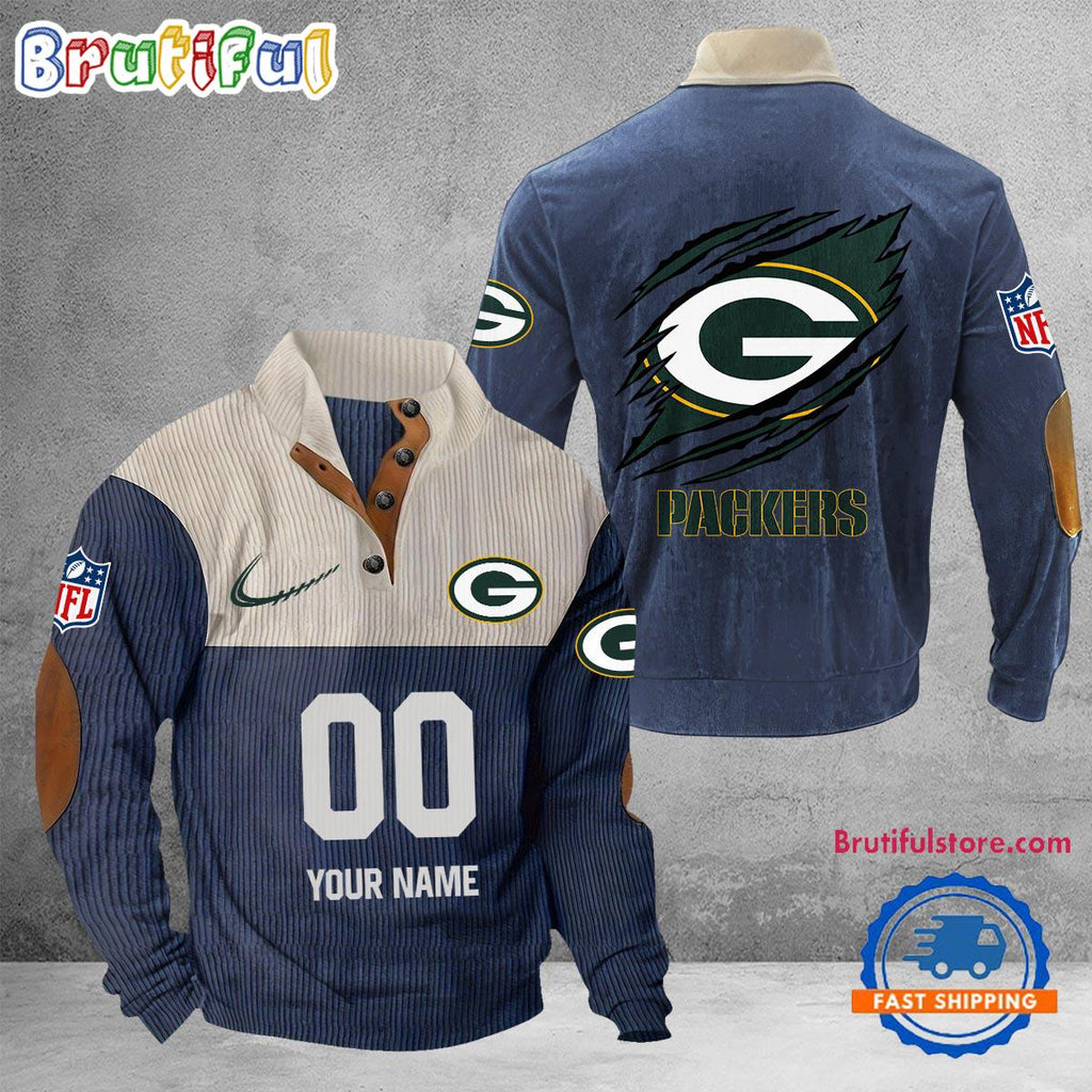 NFL Green Bay Packers Football Team Custom Name And Number Buttoned Collar Sweatshirt