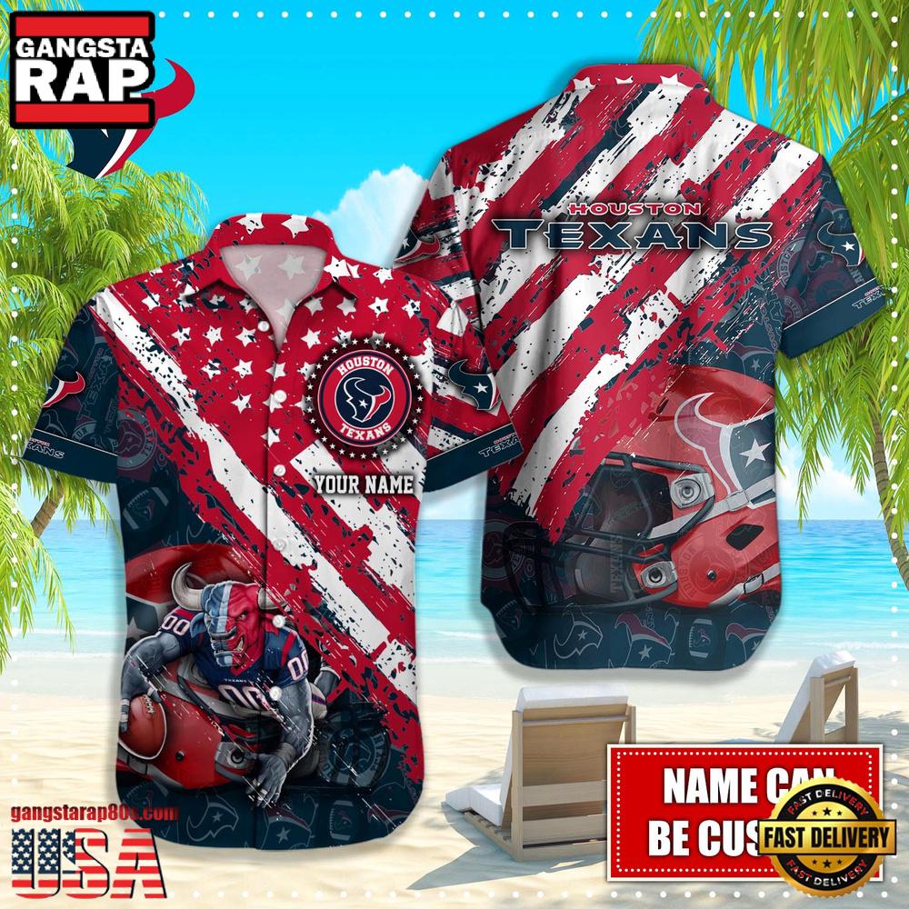 NFL Houston Texans Football American Flag Mascot Custom Name Aloha Hawaiian Shirt