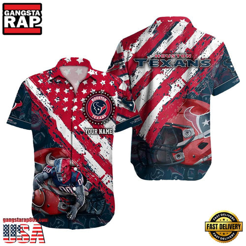 NFL Houston Texans Football American Flag Mascot Custom Name Aloha Hawaiian Shirt