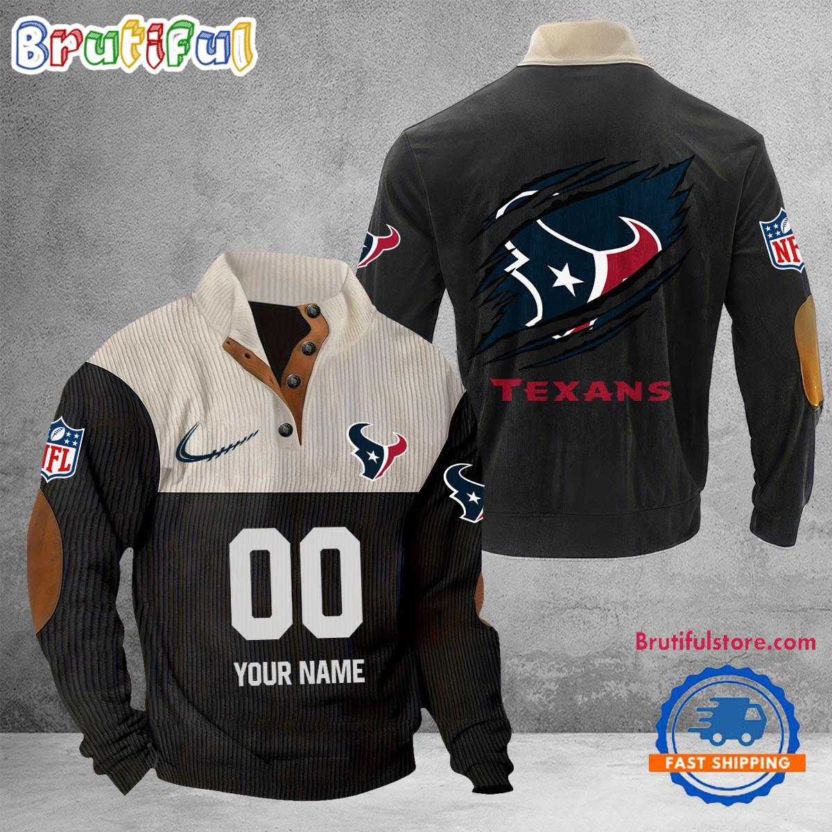 NFL Houston Texans Football Team Custom Name And Number Buttoned Collar Sweatshirt