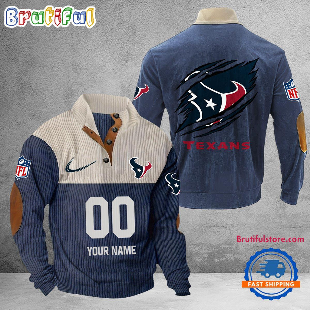 NFL Houston Texans Football Team Custom Name And Number Buttoned Collar Sweatshirt