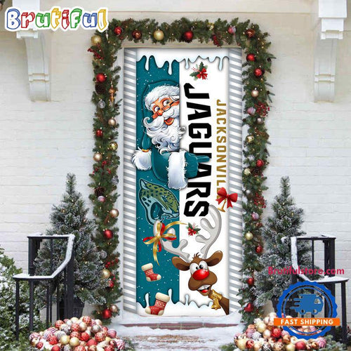 NFL Jacksonville Jaguars Santa Reindeer Merry Christmas Door Cover, Football Christmas Home Decor