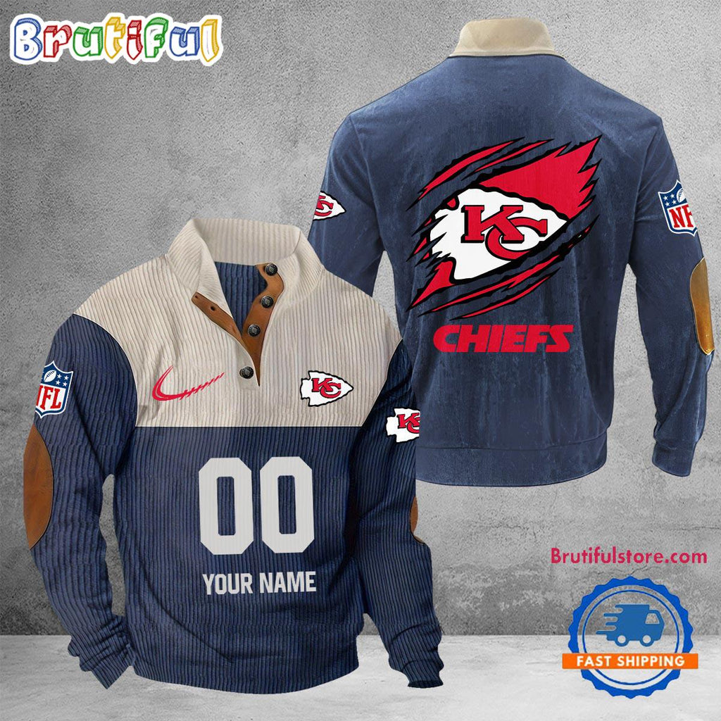 NFL Kansas City Chiefs Football Team Custom Name And Number Buttoned Collar Sweatshirt