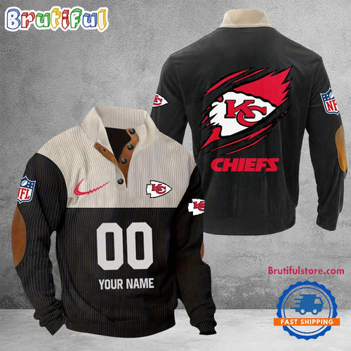 NFL Kansas City Chiefs Football Team Custom Name And Number Buttoned Collar Sweatshirt