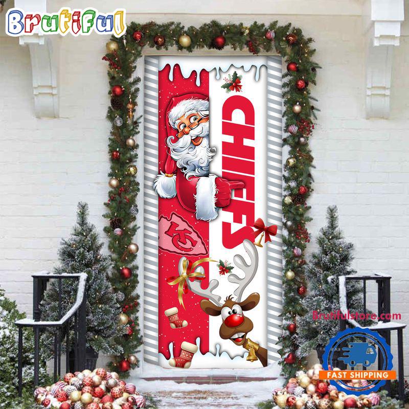 NFL Kansas City Chiefs Santa Reindeer Merry Christmas Door Cover, Football Christmas Home Decor