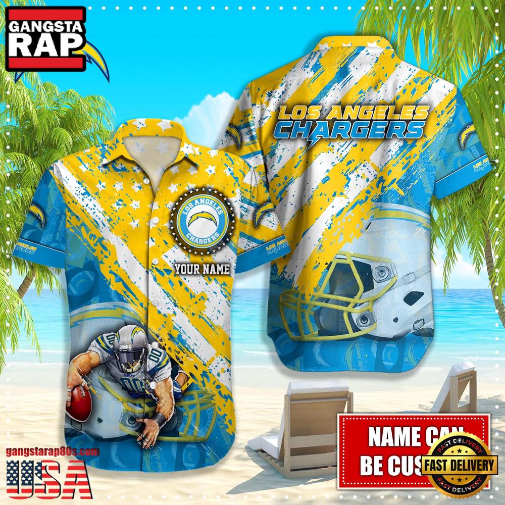 NFL Los Angeles Chargers Football American Flag Mascot Custom Name Aloha Hawaiian Shirt