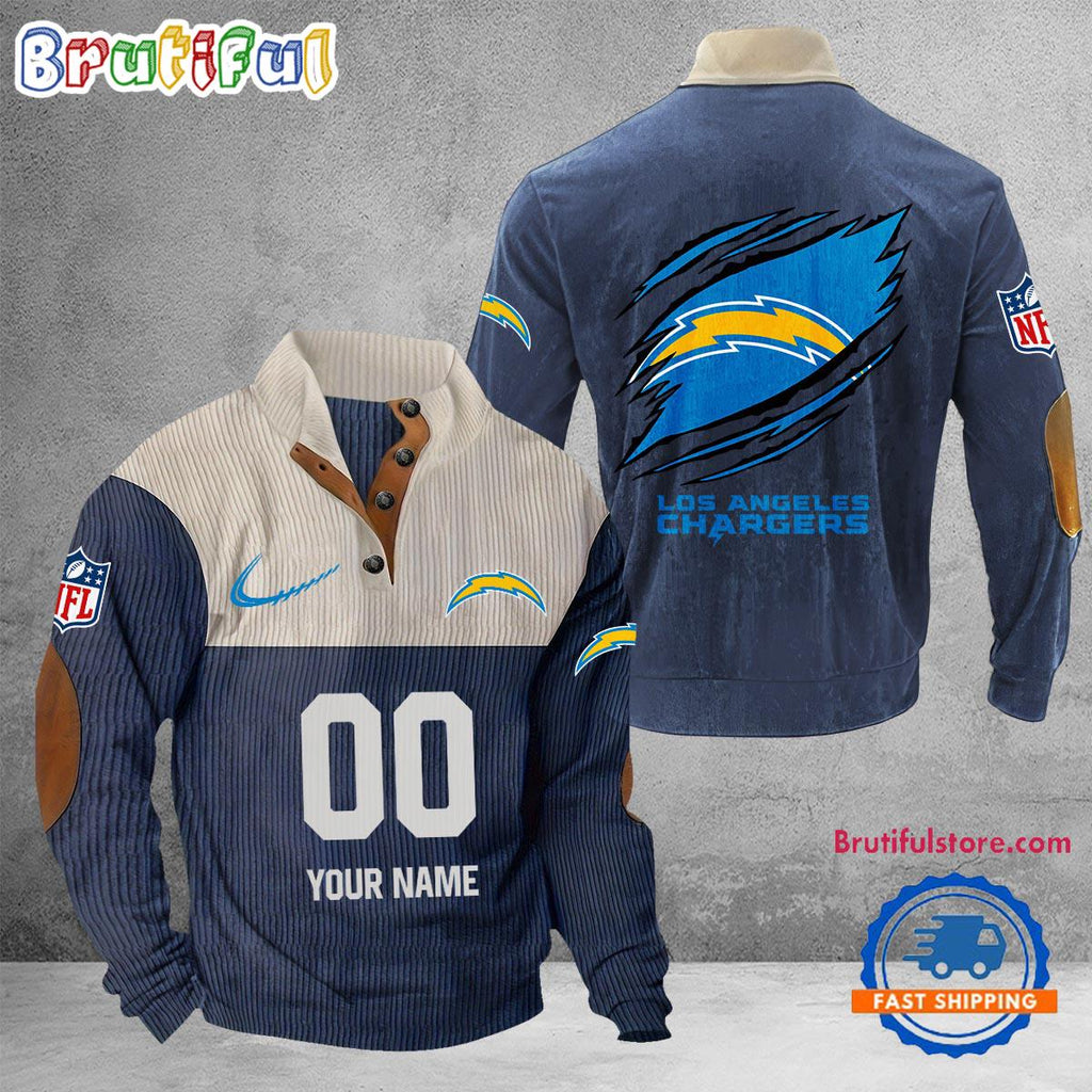 NFL Los Angeles Chargers Football Team Custom Name And Number Buttoned Collar Sweatshirt
