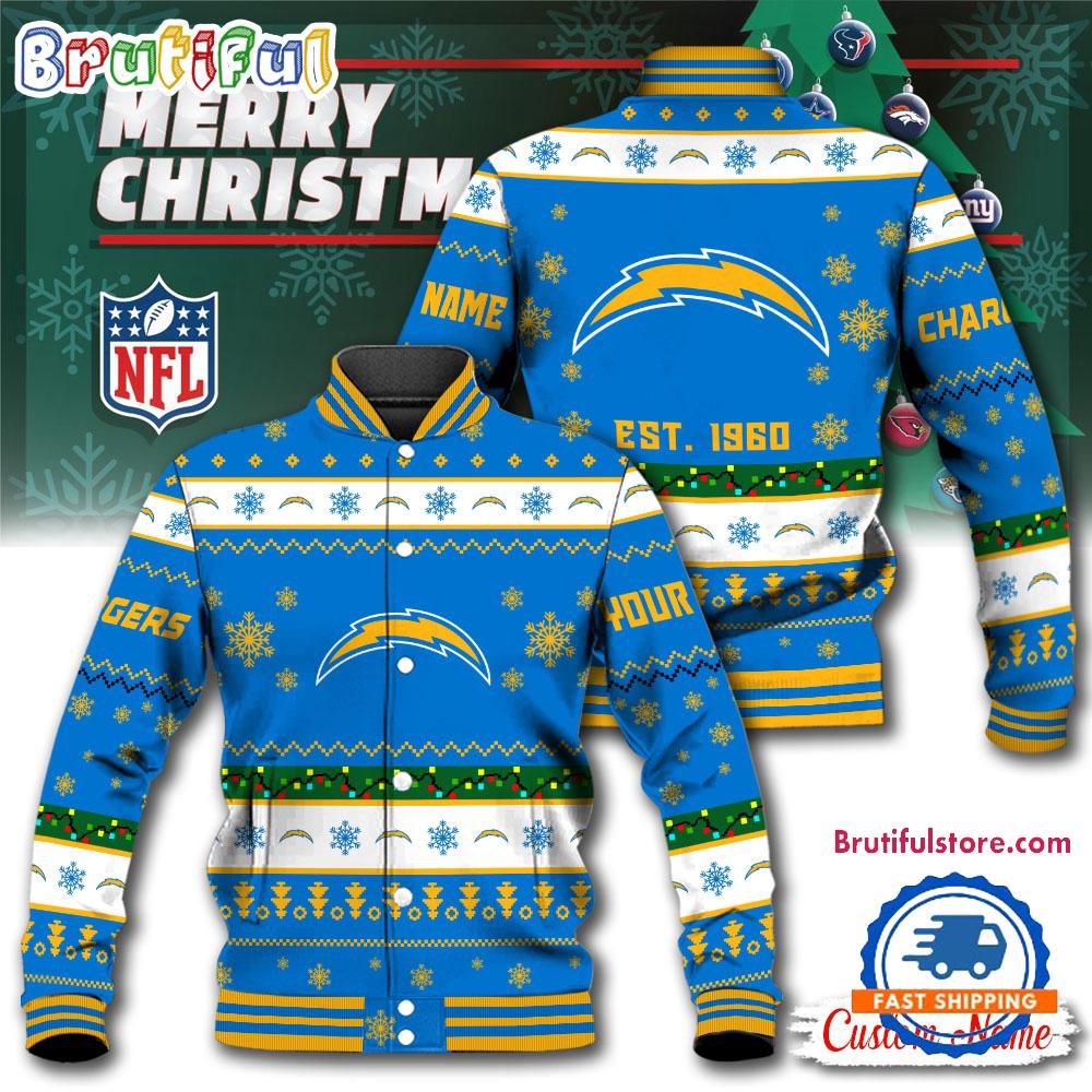 NFL Los Angeles Chargers Snow Xmas Tree Christmas Custom Baseball Jacket